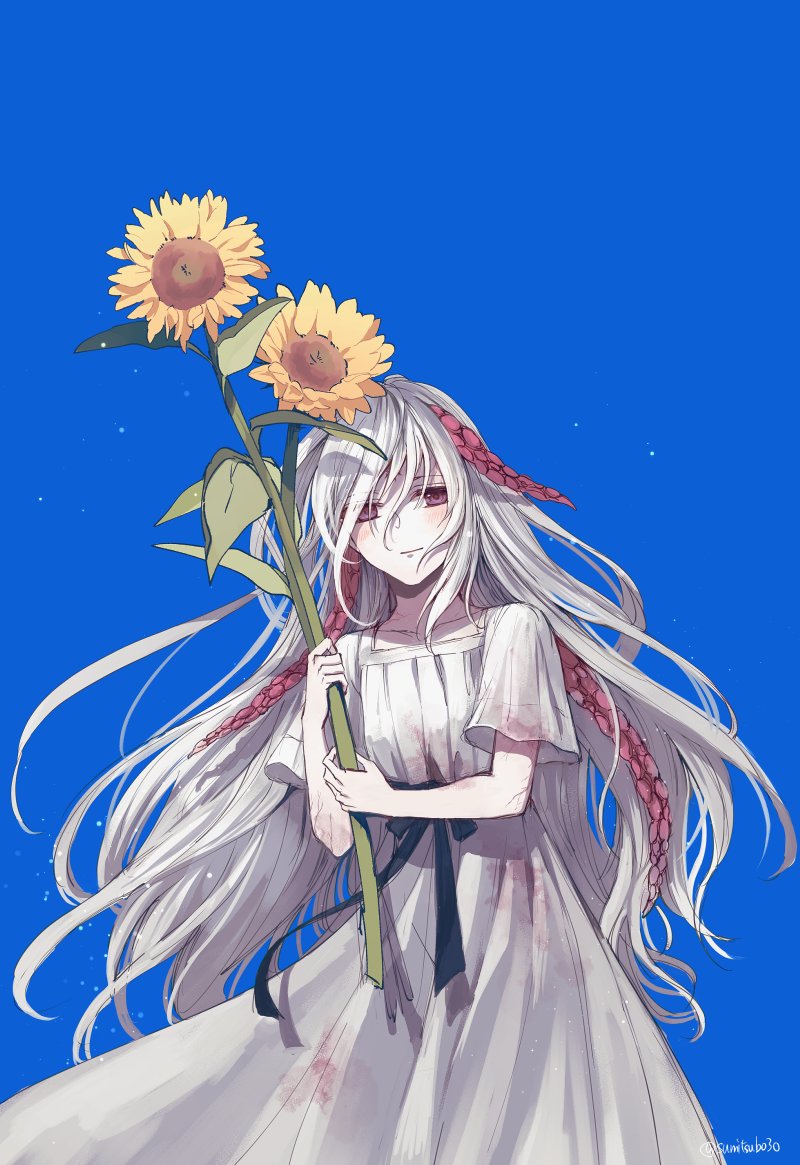 1girl, blue_sky, corruption, dress, ender_lilies_quietus_of_the_knights, flower, light_smile, lily_(ender_lilies), long_hair, looking_at_viewer, red_eyes, sky, solo, sorakaze_(mire), sunflower, tendril, veins, white_dress, white_hair