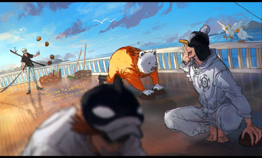 4boys, bear_boy, bepo_(one_piece), bird, blurry, blurry_foreground, calling, cleaning