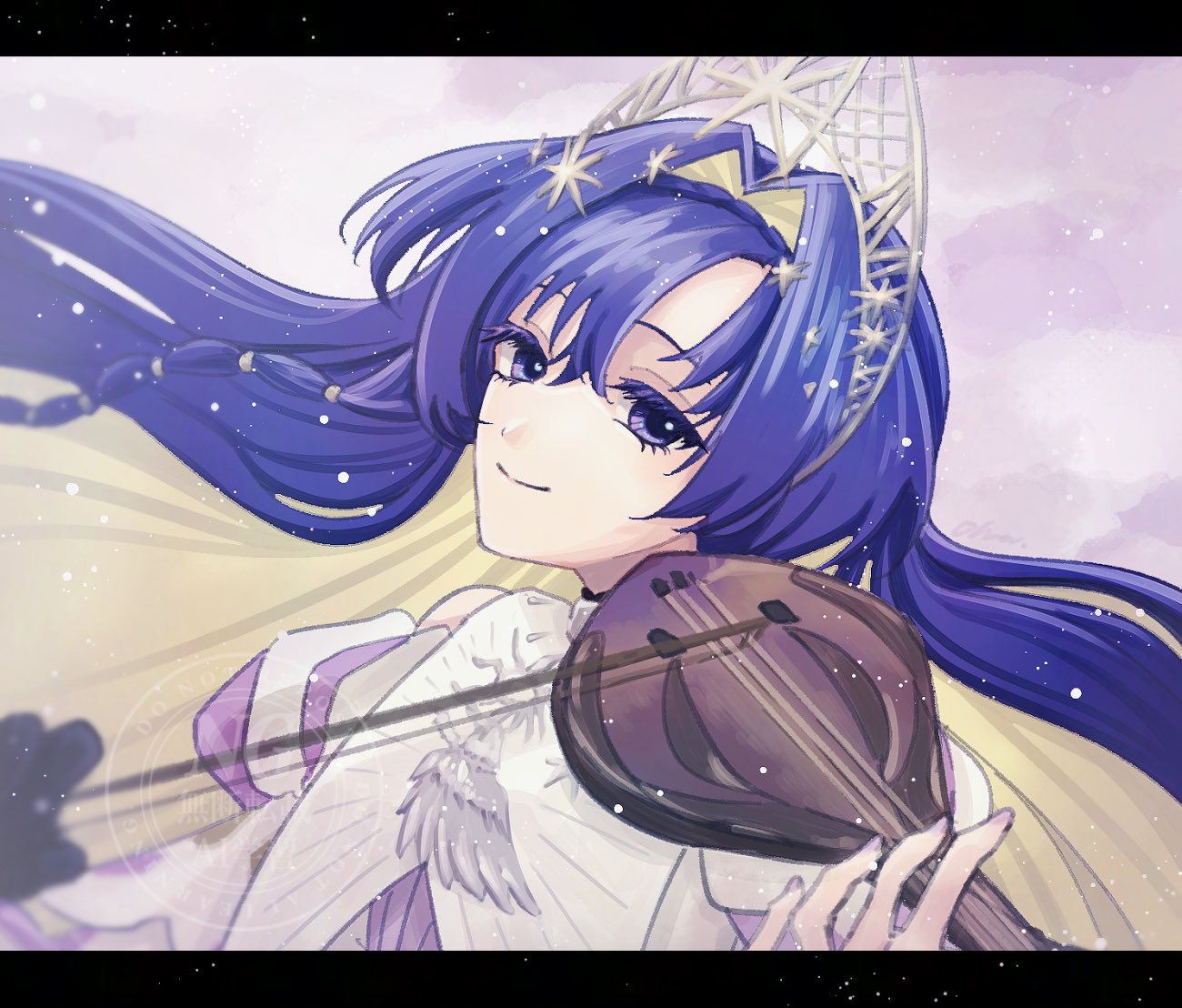 1girl, bare_shoulders, black_gloves, blonde_hair, blue_eyes, blue_hair, bow_(music), closed_mouth