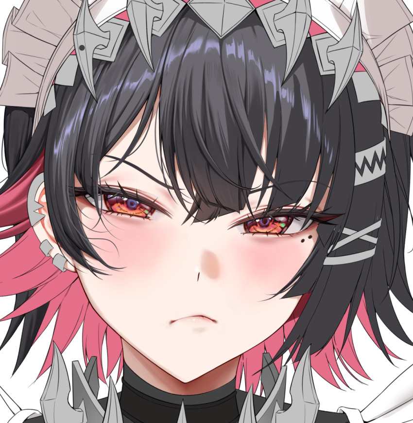 1girl, black_hair, blush, close-up, closed_mouth, colored_inner_hair, commentary_request, ellen_joe