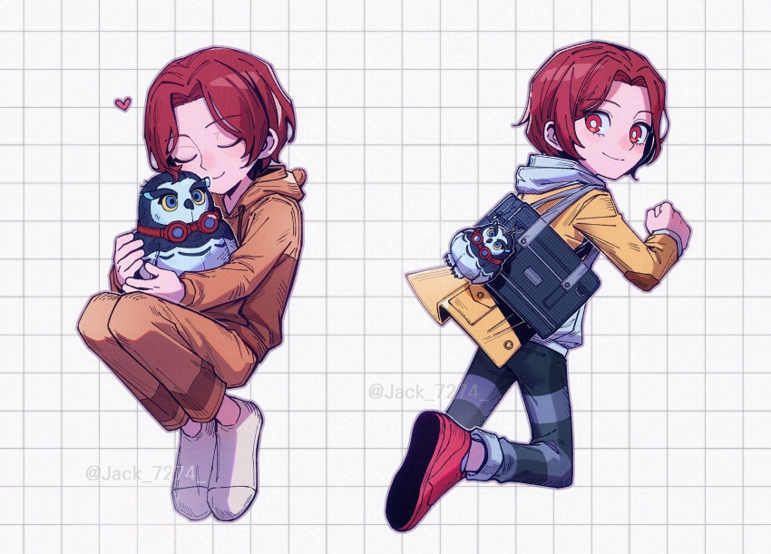 1boy, artist_name, bag, bird, closed_eyes, closed_mouth, english_commentary, goggles