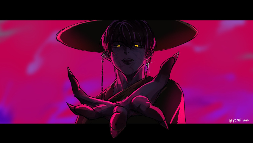 1boy, alternate_eye_color, black_hanbok, cosplay, demon_boy, earrings, fingernails, gat_(hat)