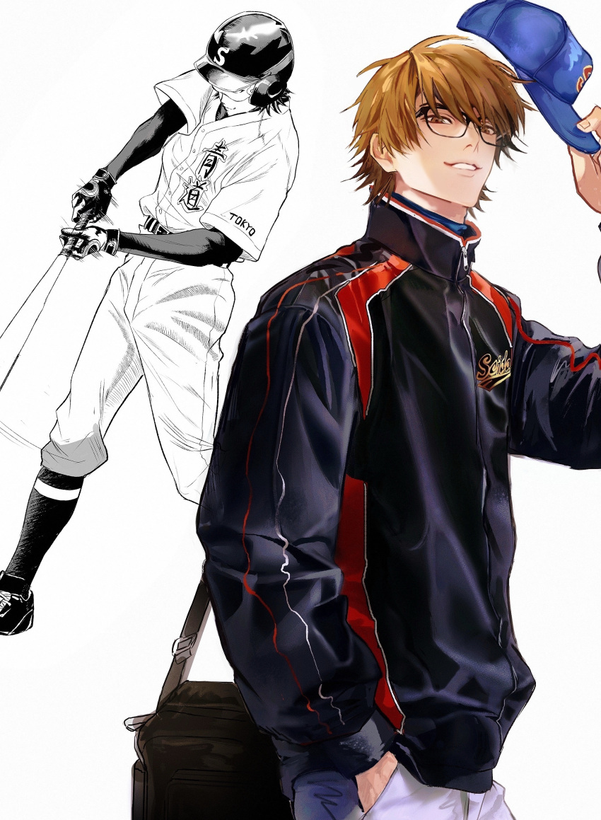 1boy, absurdres, ace_of_diamond, bag, baseball, baseball_bat, baseball_cap, baseball_helmet