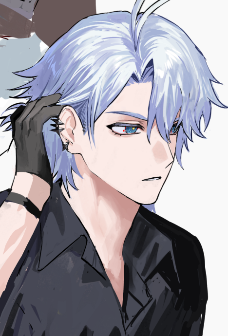 1boy, antenna_hair, black_gloves, black_shirt, blue_eyes, collared_shirt, earclip, gloves