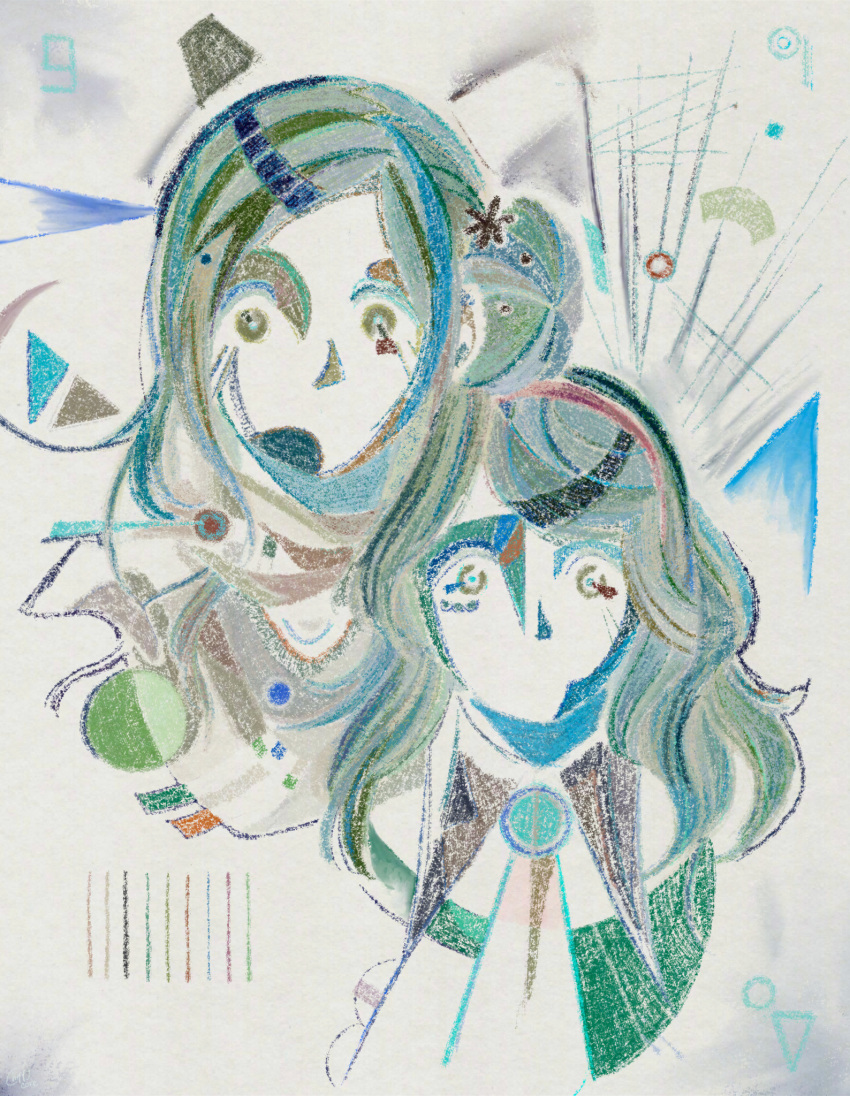 2girls, abstract, aged_down, artist_name, chippycore, closed_mouth, collar, commentary, dual_persona, english_commentary, faux_traditional_media, hair_bun, highres, kurashiki_akane, kyokugen_dasshutsu, kyokugen_dasshutsu:_9_jikan_9_nin_9_no_tobira, long_hair, looking_at_viewer, multiple_girls, no_mouth, portrait, scarf, signature, single_hair_bun, single_side_bun, variant_set, white_background