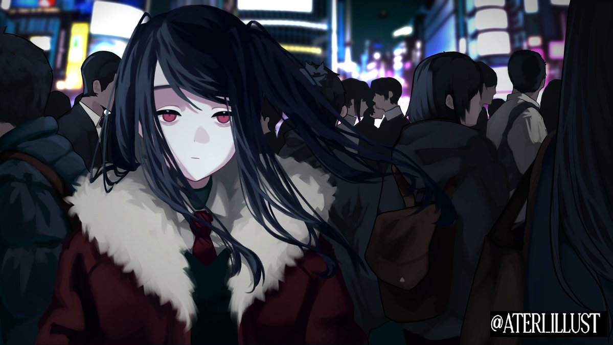 artist_name, ateri_illust, bag, black_hair, blurry, blurry_background, closed_mouth, coat