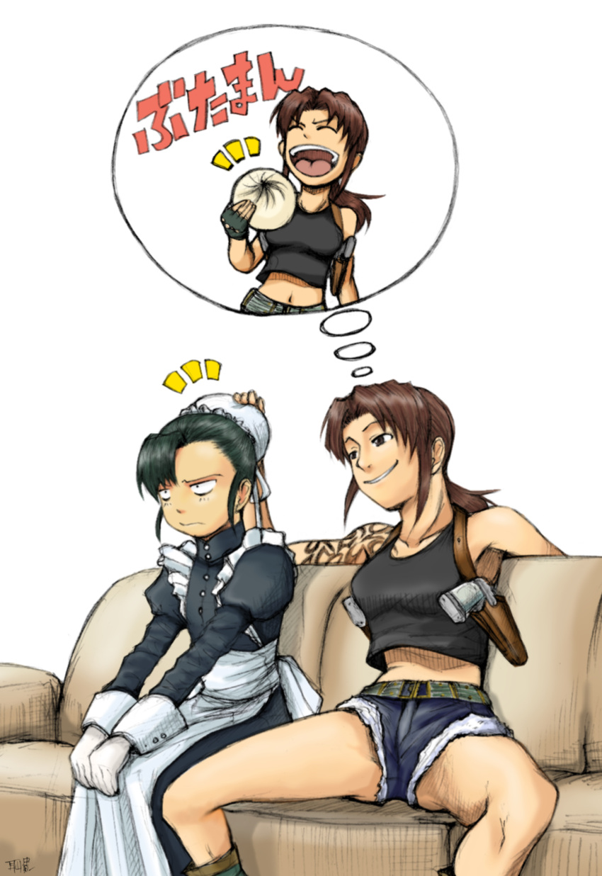 black_lagoon, bun_cover, fabiola_iglesias, food, gloves, gun, highres, holster