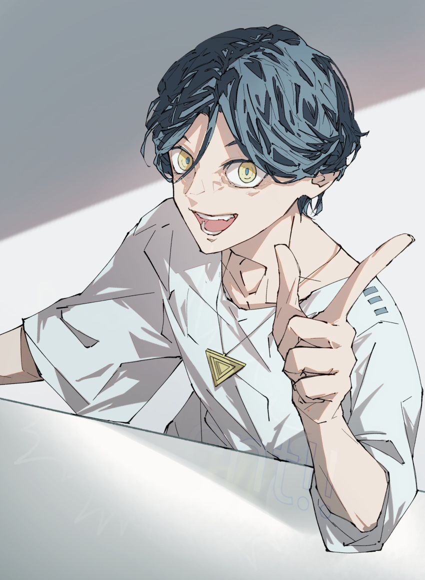 1boy, :d, absurdres, blue_hair, commentary_request, hair_between_eyes, hand_up, highres