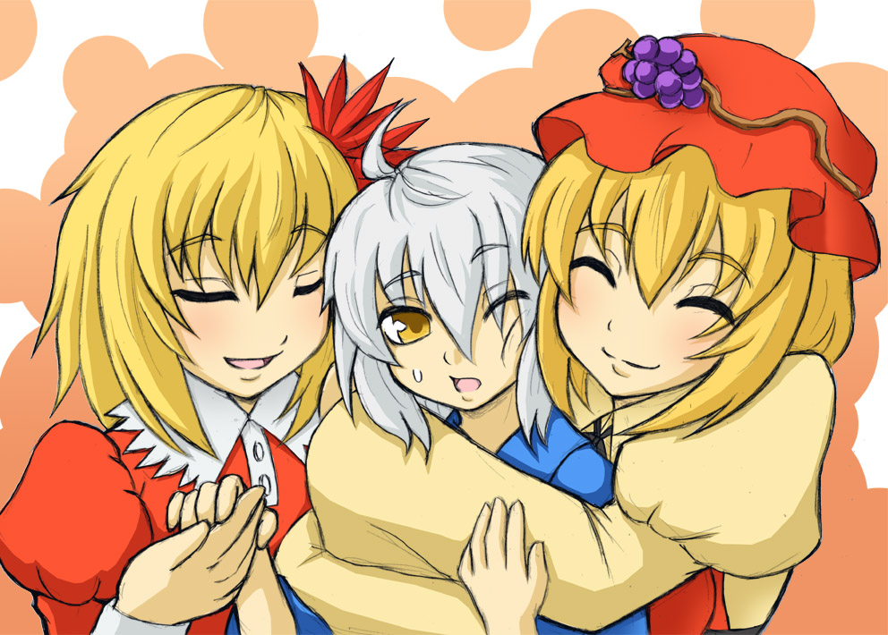2girls, ahoge, aki_minoriko, aki_shizuha, blonde_hair, blush, bust, closed_eyes