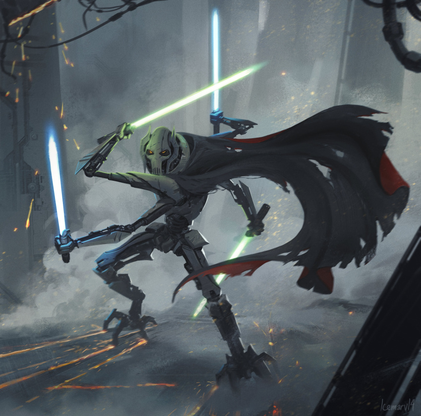 1boy, absurdres, black_cape, cable, cape, colored_sclera, commentary, commission, cyborg, energy_sword, english_commentary, extra_arms, fighting_stance, film_grain, general_grievous, highres, holding, holding_sword, holding_weapon, icemarv14, lightsaber, looking_at_viewer, male_focus, quadruple_wielding, smoke, solo, sparks, standing, star_wars, sword, torn_cape, torn_clothes, weapon, yellow_sclera