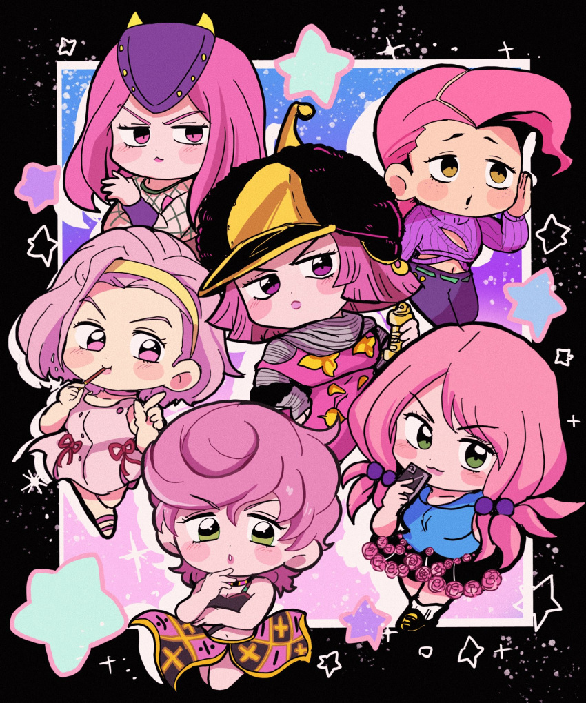 2boys, 4girls, belt, black_hat, black_skirt, blue_shirt, blush_stickers, brown_eyes