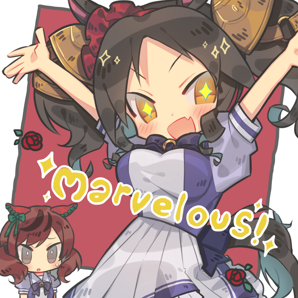 2girls, animal_ears, arms_up, brown_eyes, brown_hair, character_name, fang, happy