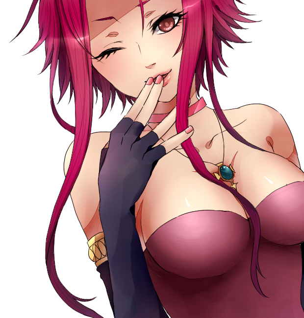 akiza_izinski, armlet, asa_curry, bad_id, bare_shoulders, breasts, choker, cleavage