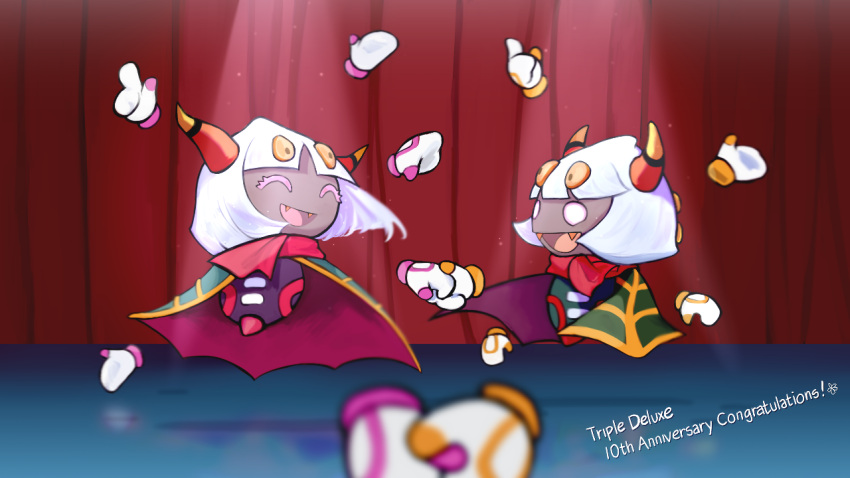 1boy, 1girl, anniversary, barobakuoikawa, cape, closed_eyes, curtains, fangs, green_cape, holding_hands, horns, kirby:_triple_deluxe, kirby_(series), old_friend_(kirby), open_mouth, queen_sectonia, rayman_limbs, red_scarf, scarf, stage_curtains, taranza, white_hair