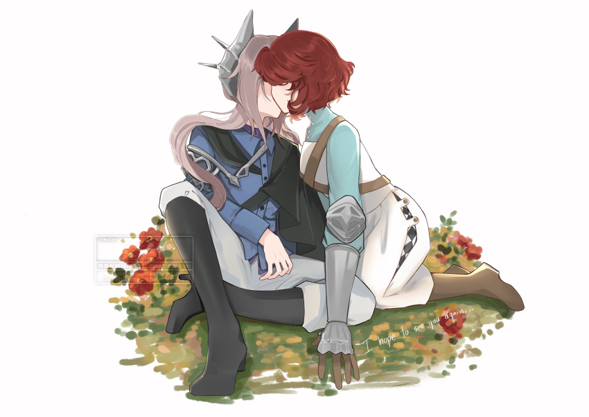2girls, absurdres, artist_name, black_boots, black_cape, blue_jacket, blue_shirt, boots
