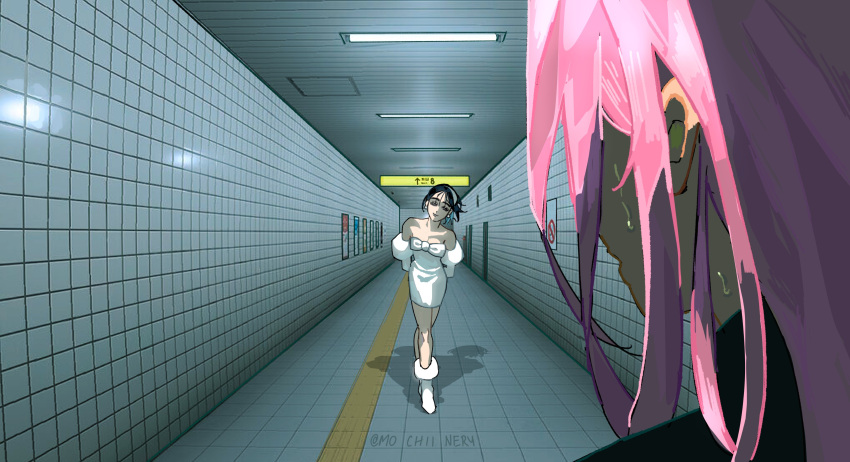 2girls, absurdres, alien_stage, arms_behind_back, black_hair, black_shirt, boots, bow, commentary, dress, english_commentary, hallway, highres, juliet_sleeves, long_hair, long_sleeves, mizi_(alien_stage), mochiinery, multiple_girls, off-shoulder_dress, off_shoulder, pink_hair, puffy_sleeves, shirt, short_hair, signature, smile, sua_(alien_stage), sweat, tile_floor, tile_wall, tiles, walking, white_boots, white_bow, white_dress