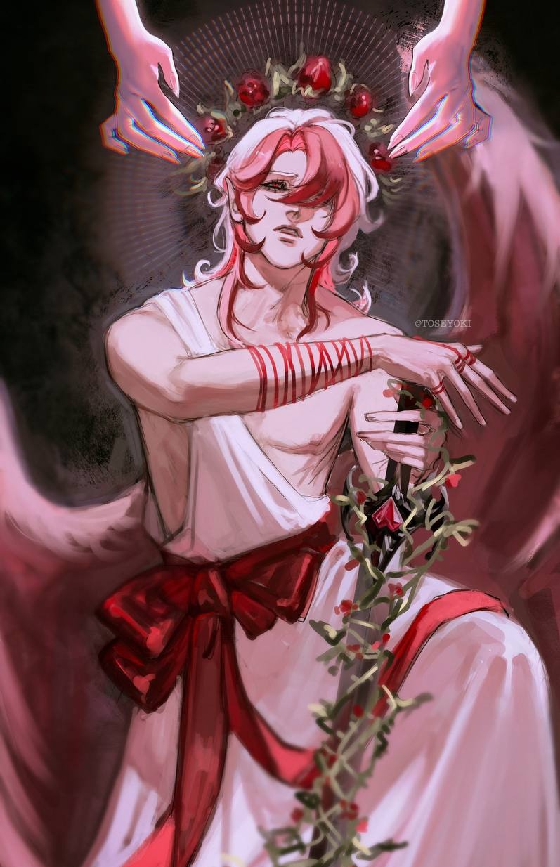 1boy, angel_wings, cookie_run, cookie_run:_kingdom, cupid, disembodied_hand, halo, highres, holding, holding_sword, holding_weapon, male_focus, multicolored_hair, pavlova_cookie, red_eyes, red_hair, robe, solo, sword, toseyoki, two-tone_hair, weapon, white_hair, white_robe, wings