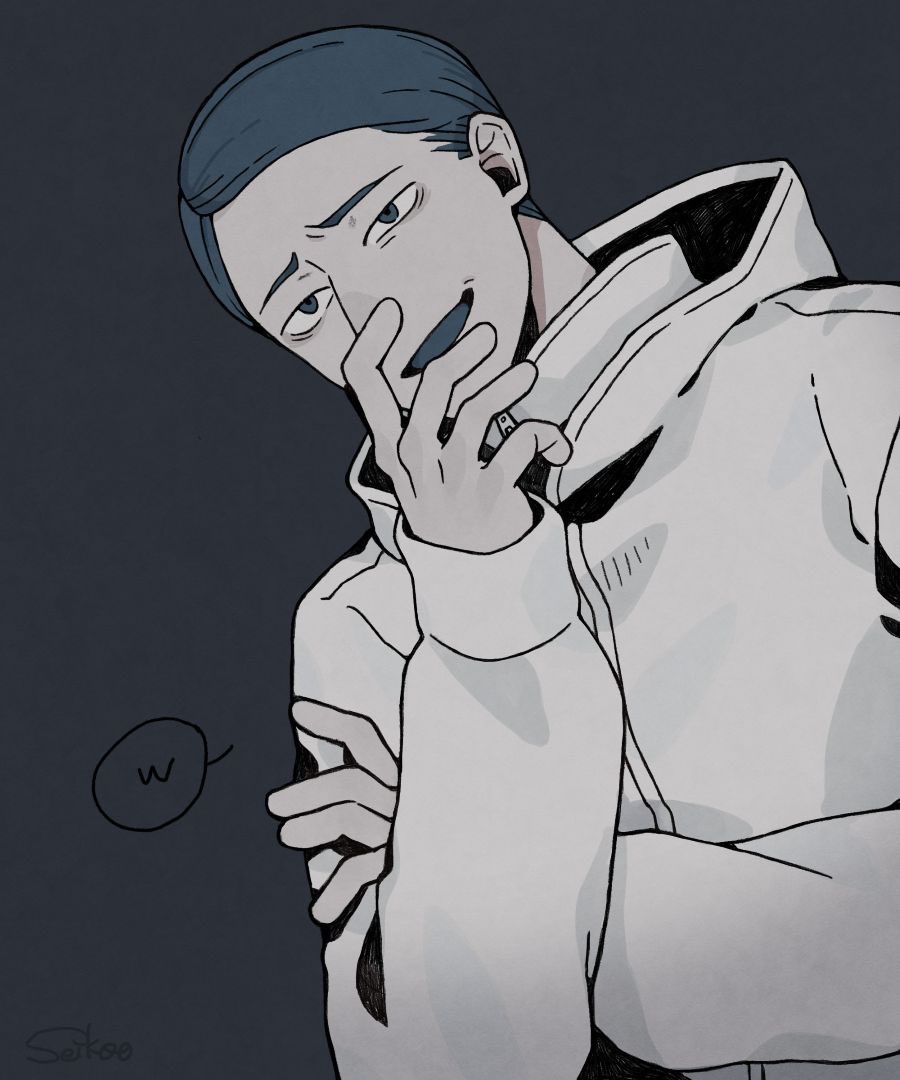 1boy, blue_eyes, blue_hair, commentary, furrowed_brow, grey_background, hand_on_own_arm, hand_up, hood, hood_down, hooded_jacket, jacket, long_sleeves, looking_at_viewer, male_focus, monochrome, seikoo_caffeine, short_hair, simple_background, sleeves_past_wrists, smile, solo, speech_bubble, toshi_densetsu_kaitai_center, upper_body, white_jacket, yamada_gasmask