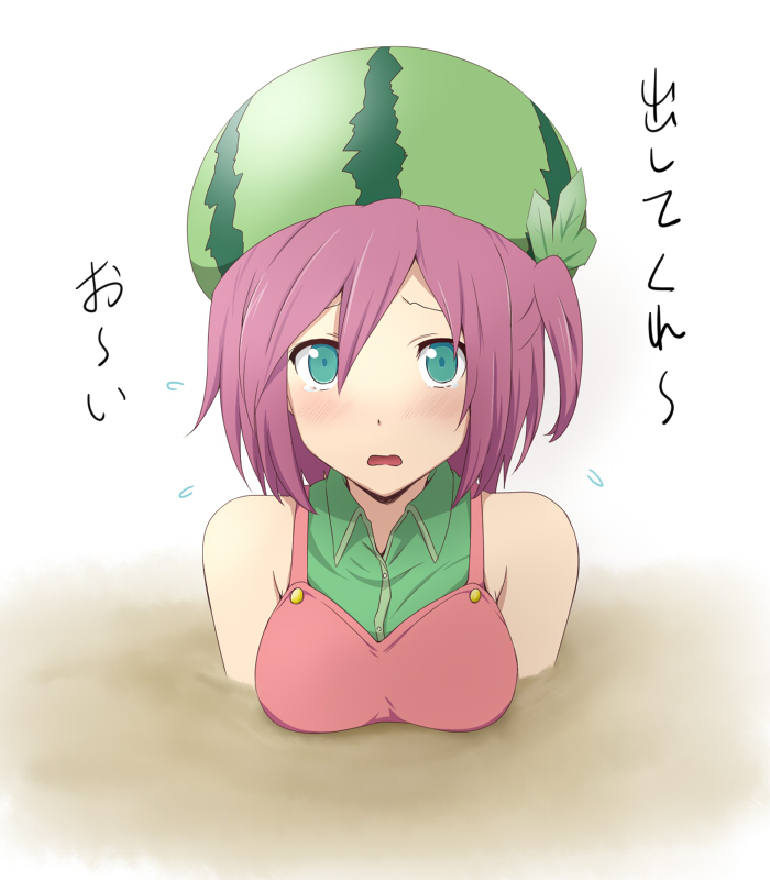 apron, aqua_eyes, bare_shoulders, blue_eyes, breasts, buried, food, food_themed_clothes