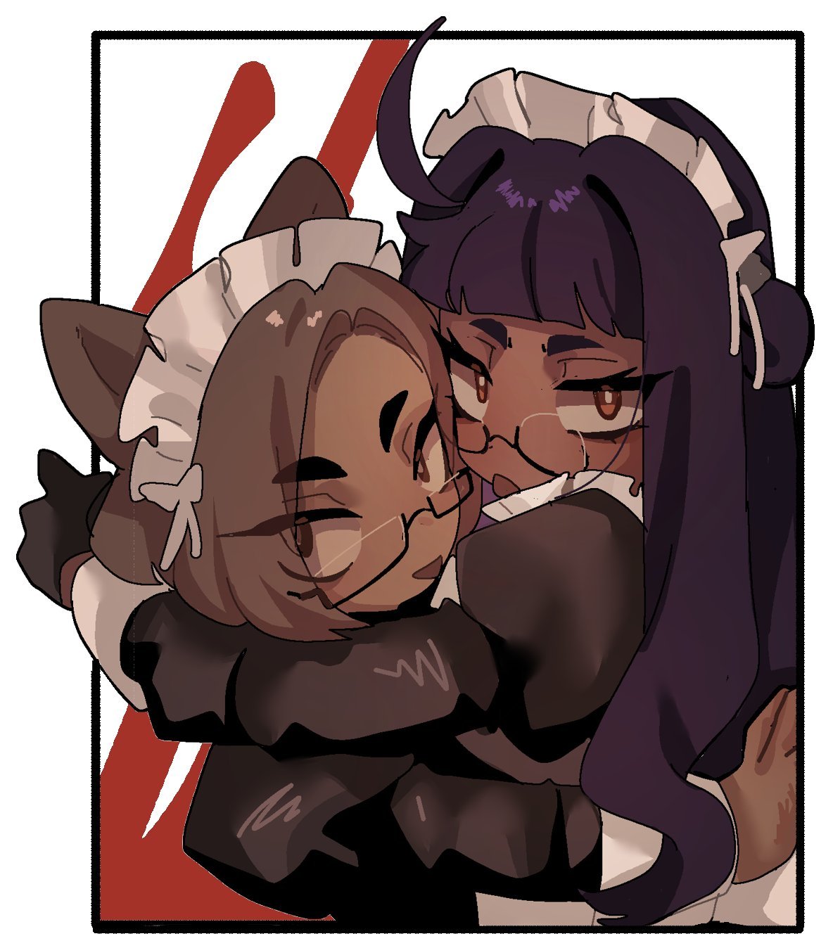2girls, ahoge, andrea_(ny_000a), animal_ears, black_dress, black_gloves, blood, brown_eyes