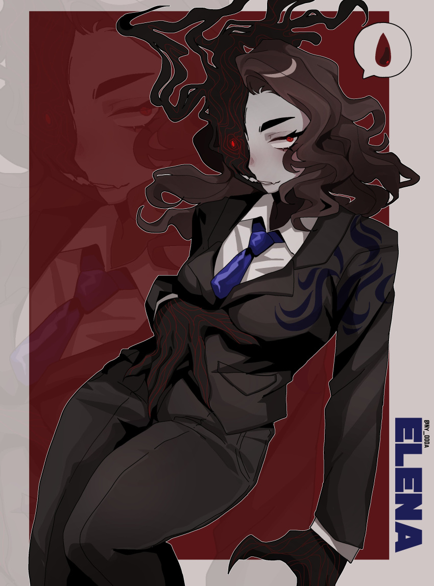 1girl, absurdres, black_jacket, black_pants, black_smoke, black_suit, blue_necktie, brown_hair