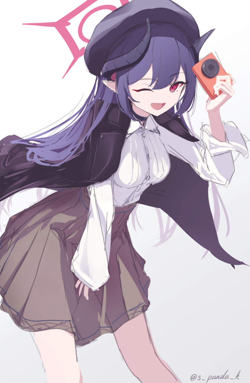 1girl, ;d, absurdres, alternate_costume, beret, black_hair, black_hat, black_jacket