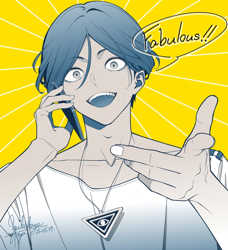 1boy, :d, blue_hair, dated, english_text, eye_of_providence, hair_between_eyes, hands_up