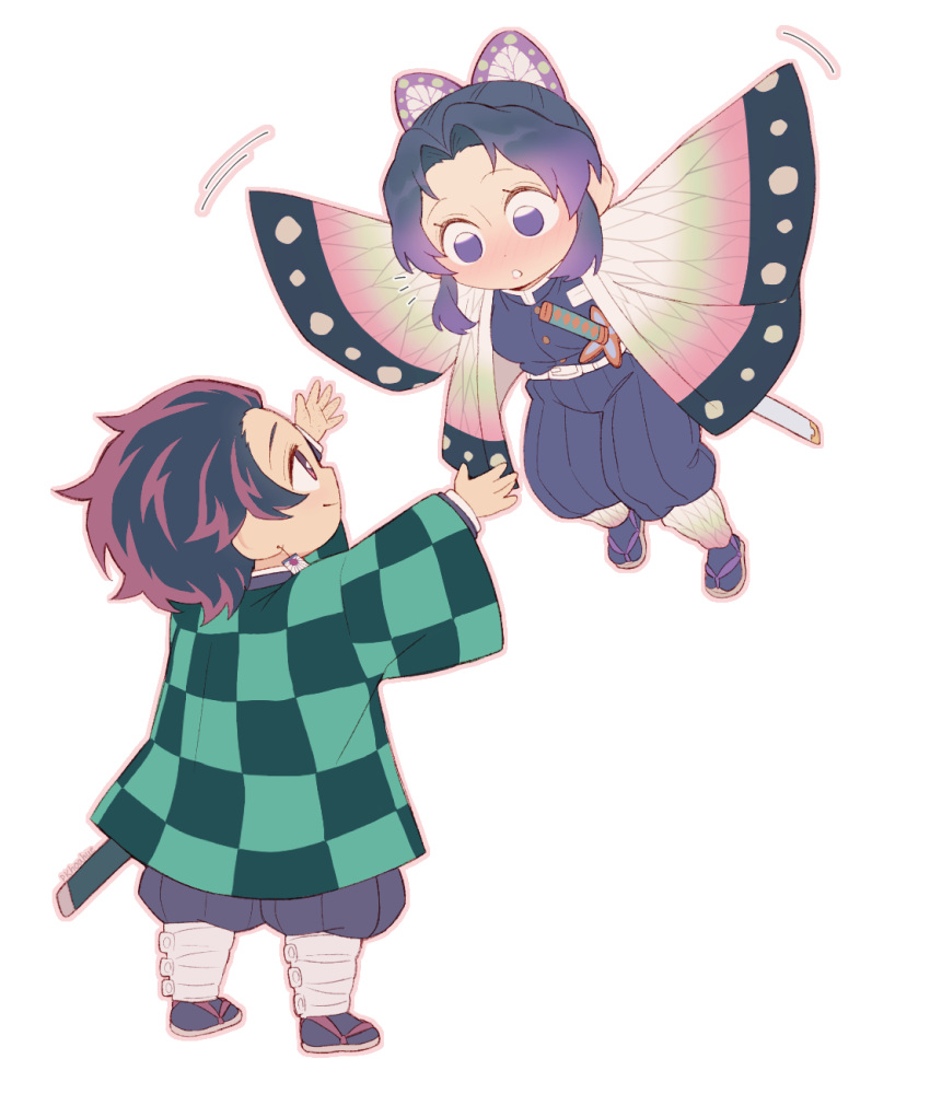 animal_print, belt, blue_butterfly, blush, bug, butterfly, butterfly_hair_ornament, butterfly_print, checkered_clothes, checkered_haori, checkered_sash, chibi, demon_slayer_uniform, earrings, full_body, gradient_hair, hair_ornament, hanafuda_earrings, haori, highres, japanese_clothes, jewelry, kamado_tanjirou, kimetsu_no_yaiba, kishimen_hair, kochou_shinobu, multicolored_hair, original, purple_butterfly, scar, scar_on_face, scar_on_forehead, simple_background, smile, sword_writing, updo, user_fhwv8447, white_background, white_belt, |_|
