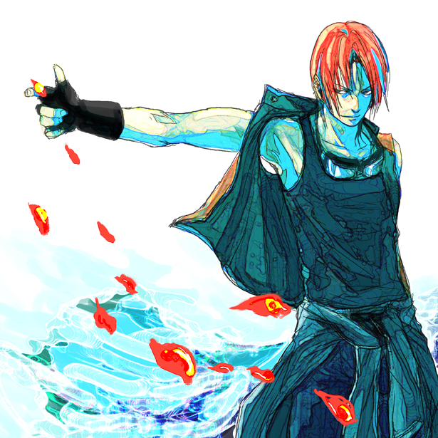 armpits, fingerless_gloves, gloves, goggles, hwoarang, male, muccky, red_hair, redhead, simple_background, solo, tekken