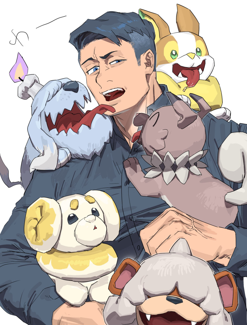 1boy, blue_eyes, blue_hair, blue_shirt, closed_eyes, collared_shirt, commentary_request, crossover