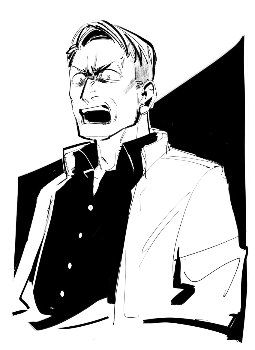 1boy, angry, collared_shirt, commentary, dnbsan, furrowed_brow, greyscale, highres