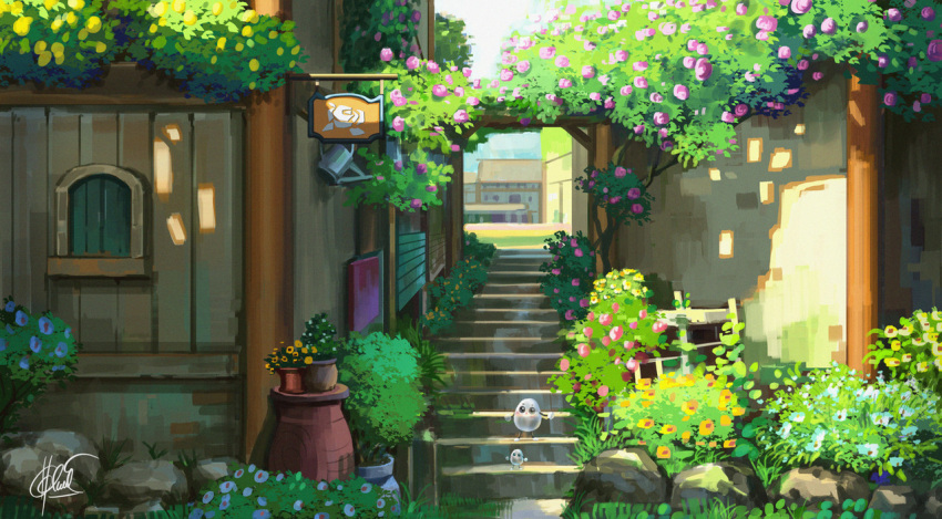 chinnkun, day, facing_viewer, fantasy, flower, flower_pot, garden, landscape, lightning, looking_at_viewer, original, outdoors, painterly, pink_flower, pink_rose, post_sign, rock, rose, rose_bush, signature, spirits, stairs, window