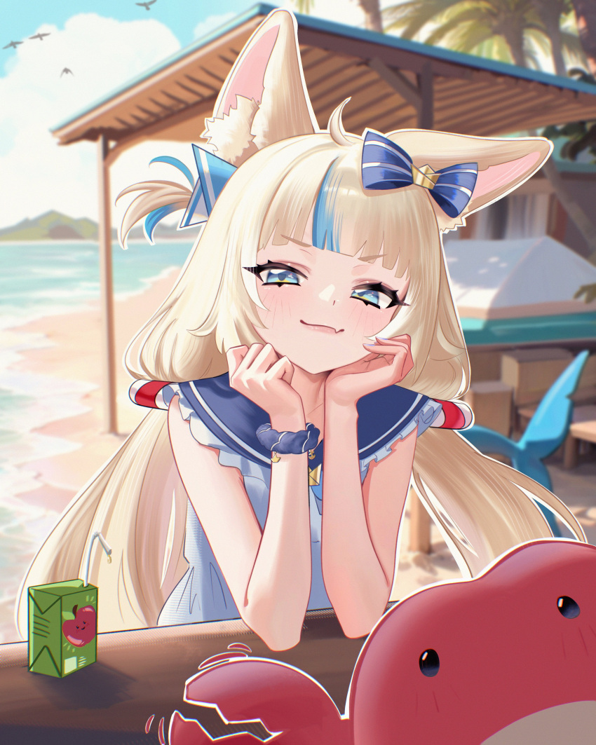 1girl, :3, absurdres, ahoge, animal_ear_fluff, animal_ears, beach, blonde_hair