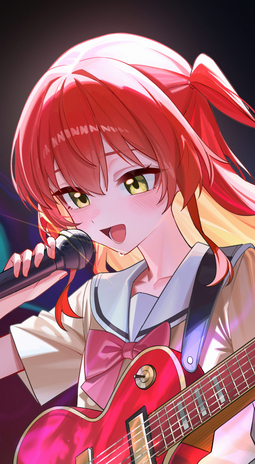 1girl, absurdres, bocchi_the_rock!, bow, bowtie, brown_shirt, green_eyes, guitar