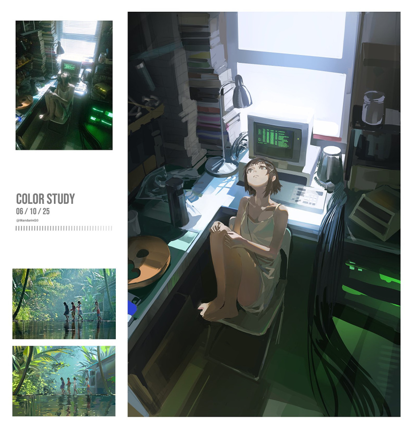 5girls, artist_name, asymmetrical_hair, barefoot, book, book_stack, brown_eyes, brown_hair, cable, camisole, chair, chemise, color_study, computer, computer_keyboard, computer_tower, crt, dated, english_text, expressionless, flat_chest, grass, hair_ornament, hairclip, highres, indoors, iwakura_lain, lamp, mandaring0, monitor, multiple_girls, multiple_views, original, outdoors, photo-referenced, reference_photo, scenery, serial_experiments_lain, single_sidelock, table, water, white_camisole, white_chemise, window, wire, x_hair_ornament