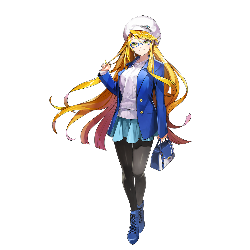 1girl, bag, black_pantyhose, blonde_hair, blue_boots, blue_coat, blue_skirt, boots, breasts, coat, fur_hat, glasses, hat, holding, holding_bag, large_breasts, long_hair, masyu_yuyu, pantyhose, skirt, sweater, torte_zief, uchi_no_hime-sama_ga_ichiban_kawaii, white_hat, white_sweater, yellow_eyes