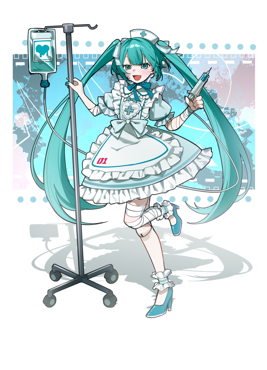 1girl, :d, absurdres, ankle_cuffs, apron, aqua_bow, aqua_dress, aqua_eyes