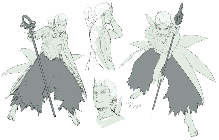 1boy, barefoot, closed_mouth, full_body, heterochromia, holding, holding_staff, male_focus