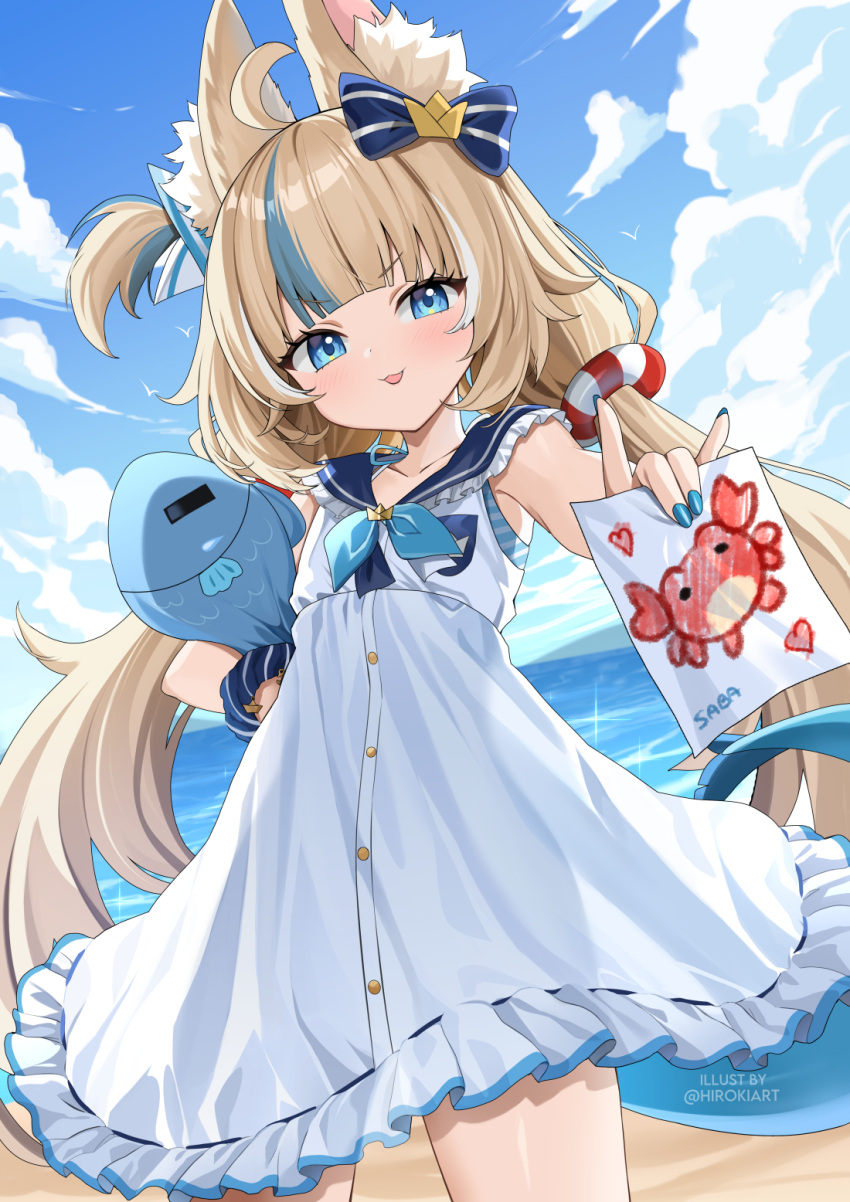 1girl, ahoge, animal_ear_fluff, animal_ears, beach, blue_bow, blue_collar, blue_eyes