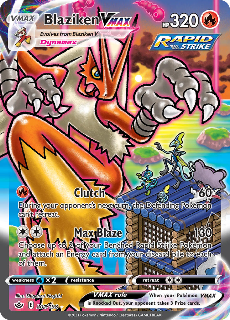 artist_name, blaziken, blue_eyes, building, card_(medium), character_name, claws, clouds