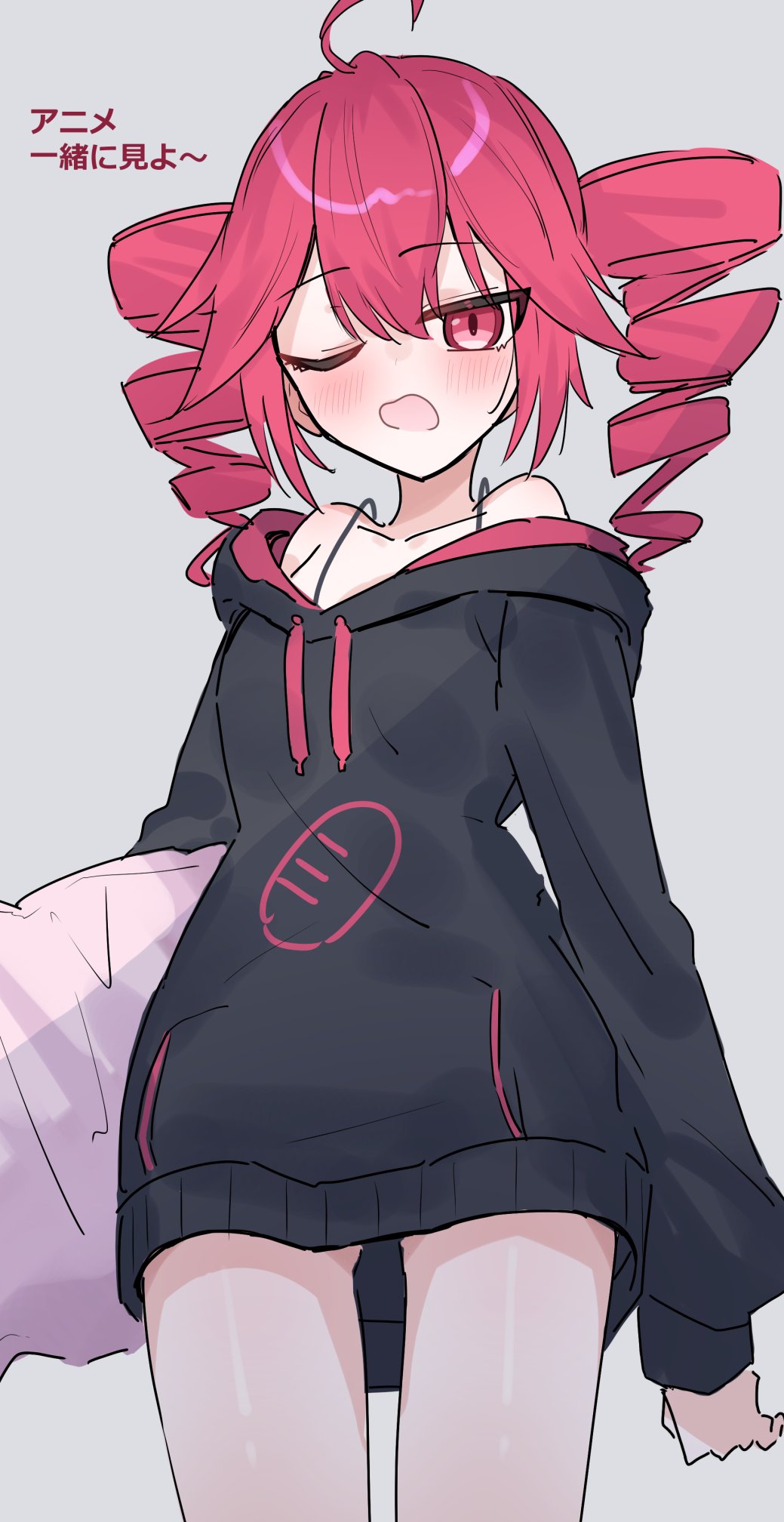 1girl, ahoge, alternate_costume, baguette, bare_shoulders, black_hoodie, blush, bread