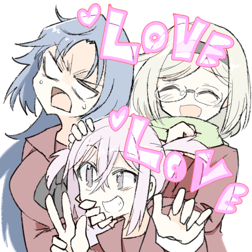 3girls, asako_komaki, blue_eyes, blue_hair, glasses, heart, long_hair, looking_at_viewer