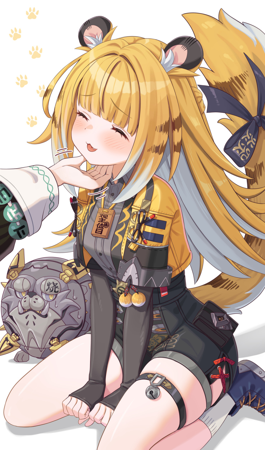 2girls, animal_ears, bead_bracelet, beads, bell, belle_(delicate_sunlight)_(zenless_zone_zero), belle_(zenless_zone_zero), black_shorts, blonde_hair, bow, bracelet, breasts, buttons, colored_inner_hair, commentary_request, grey_shirt, highres, hu_wei_(zenless_zone_zero), jewelry, jingle_bell, ju_fufu, kneeling, long_hair, multicolored_hair, multiple_girls, necklace, official_alternate_costume, open_mouth, paw_print, scratching_chin, shirt, shoes, shorts, simple_background, smile, socks, solo_focus, striped_hair, striped_tail, sweat, tail, tail_bow, tail_ornament, thigh_strap, tiger_ears, tiger_girl, tiger_stripes, tiger_tail, tsukimi_yaya, white_background, white_socks, zenless_zone_zero