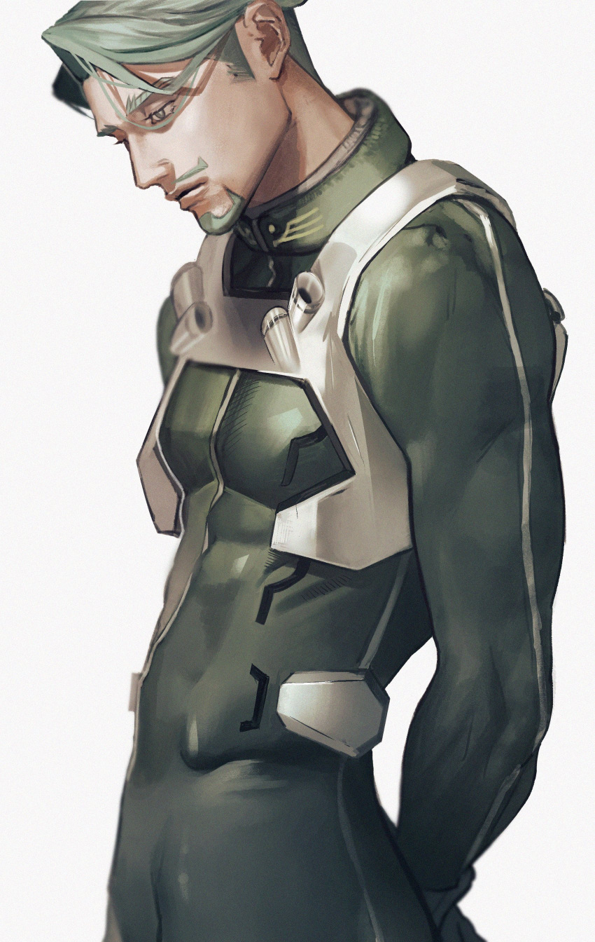 1boy, absurdres, arms_behind_back, beard, challia_bull, facial_hair, green_eyes, green_hair