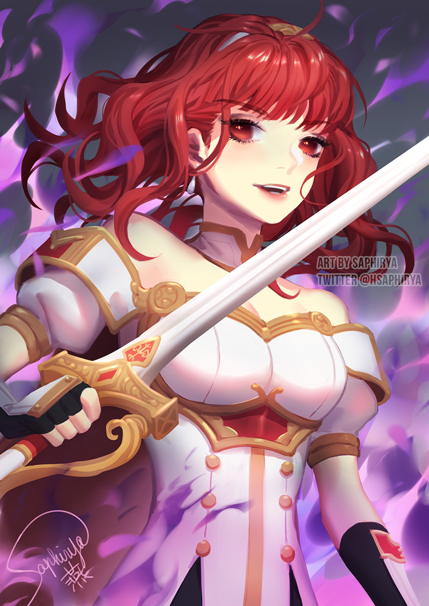 1girl, armor, aura, breastplate, cape, celica_(fire_emblem), celica_(imprisoned_soul)_(fire_emblem), choker, dark_aura, dress, earrings, evil_smile, fingerless_gloves, fire_emblem, fire_emblem_echoes:_shadows_of_valentia, gloves, highres, holding, holding_sword, holding_weapon, jewelry, long_hair, princess, red_eyes, red_hair, saphirya, smile, sword, tiara, weapon, white_armor, white_dress, witch