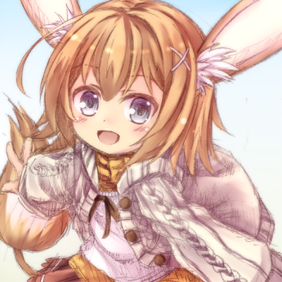 1girl, animal_ears, black_eyes, brown_hair, emil_chronicle_online, lowres, maou_mikage, open_clothes, open_mouth, sandrat_alma, simple_background, sweater, tail, upper_body