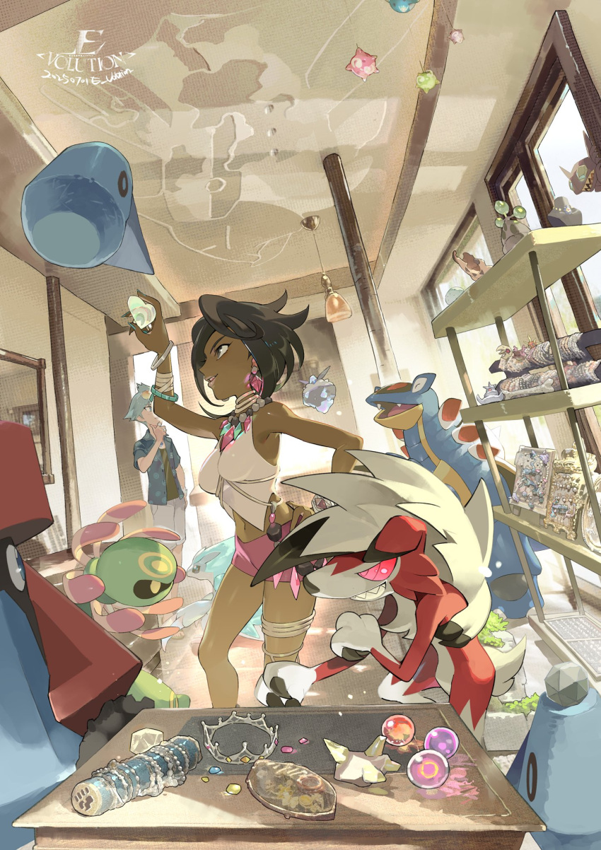 1boy, 1girl, alolan_sandslash, armaldo, artist_name, black_hair, black_undershirt, blue_eyes