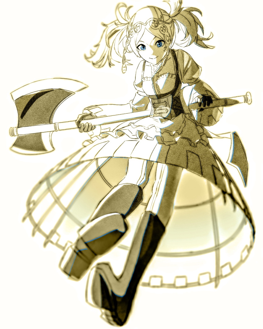 1girl, absurdres, axe, black_boots, black_gloves, blue_eyes, boots, breasts, crinoline, dress, fire_emblem, fire_emblem_awakening, frilled_dress, frills, from_below, full_body, gloves, hashtag-only_commentary, highres, holding, holding_axe, knee_boots, kwajia3, lissa_(fire_emblem), looking_at_viewer, pale_color, short_twintails, simple_background, small_breasts, smile, solo, twintails, underbust, white_background