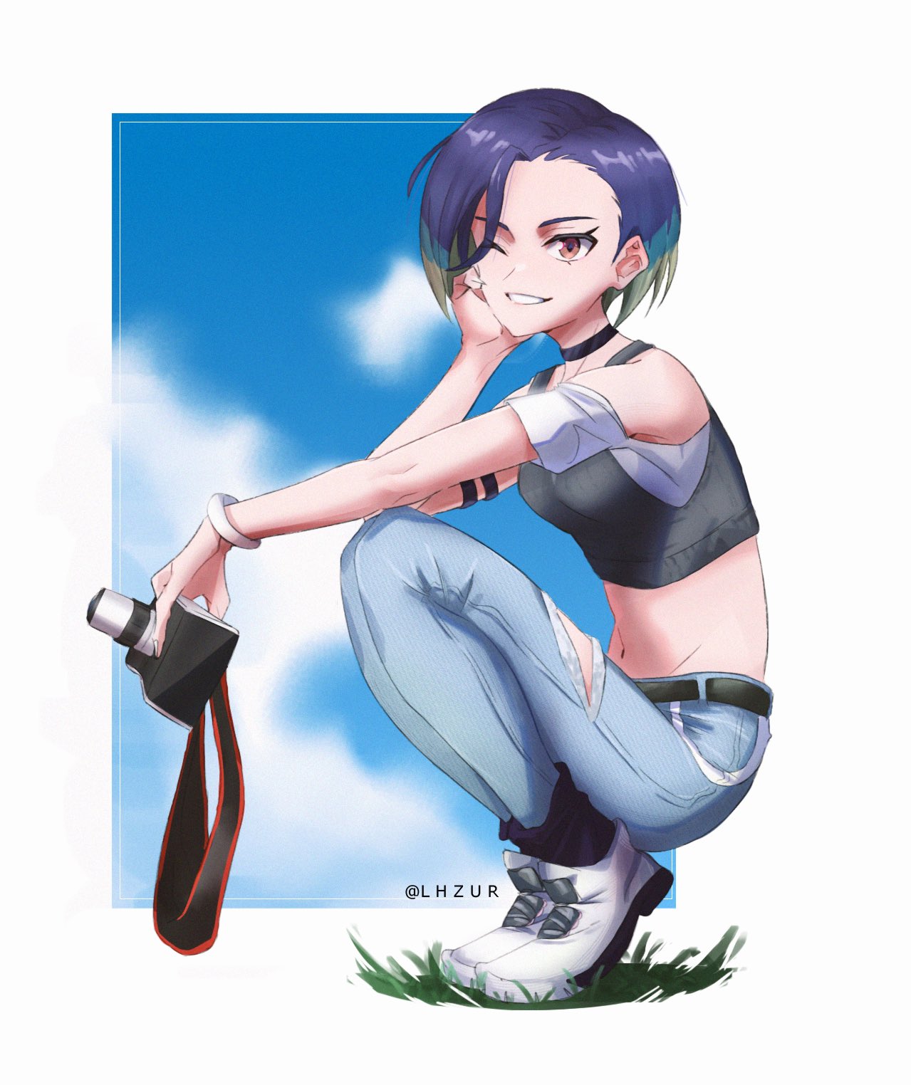 1girl, armband, bare_shoulders, black_armband, black_choker, blue_hair, bob_cut, breasts, brown_eyes, camera, choker, collarbone, crop_top, denim, gradient_hair, grey_shirt, grin, highres, holding, holding_camera, jeans, liam_(lhzur), loose_hair_strand, medium_breasts, midriff, multicolored_hair, off-shoulder_shirt, off_shoulder, one_eye_closed, pants, perrin_(pokemon), pokemon, pokemon_sv, ribbed_shirt, shirt, shoes, short_hair, sleeveless, sleeveless_shirt, smile, squatting, undershirt, v-neck, watch, watch, white_shoes