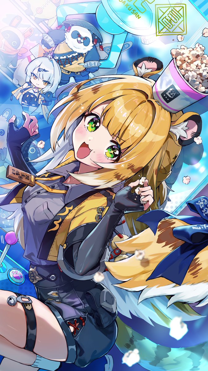 1boy, 2girls, animal_ear_fluff, animal_ears, asymmetrical_gloves, black_fur, black_gloves, bow